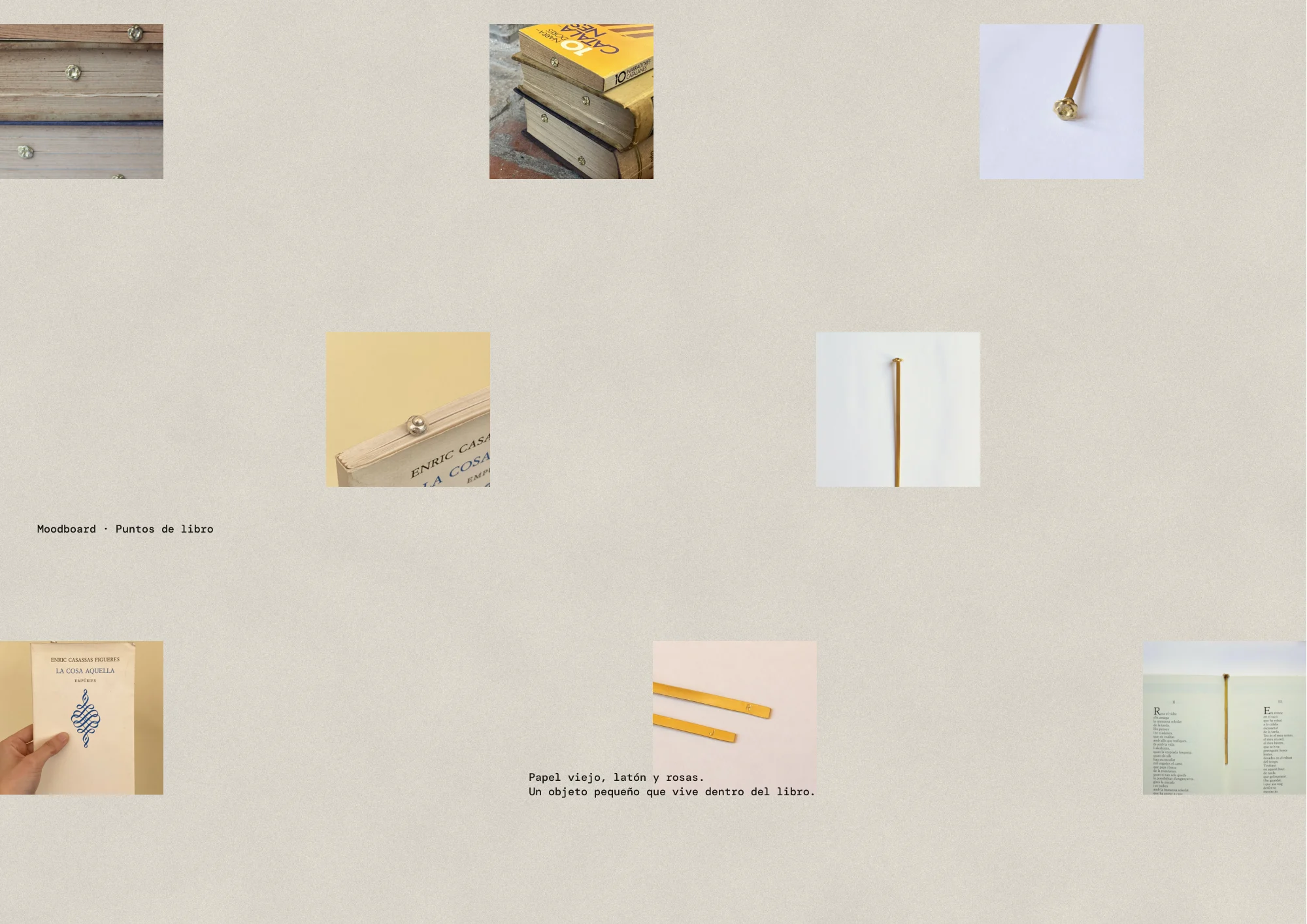 Moodboard de puntos de libro: fotos cuadradas dispersas sobre papel con grano