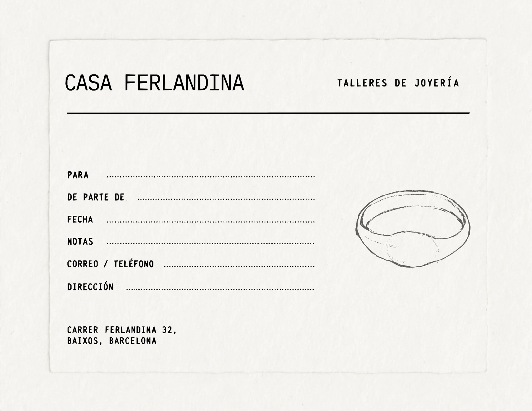 Tarjeta de taller en castellano: para, de parte de, fecha, notas, correo y dirección, con un anillo dibujado