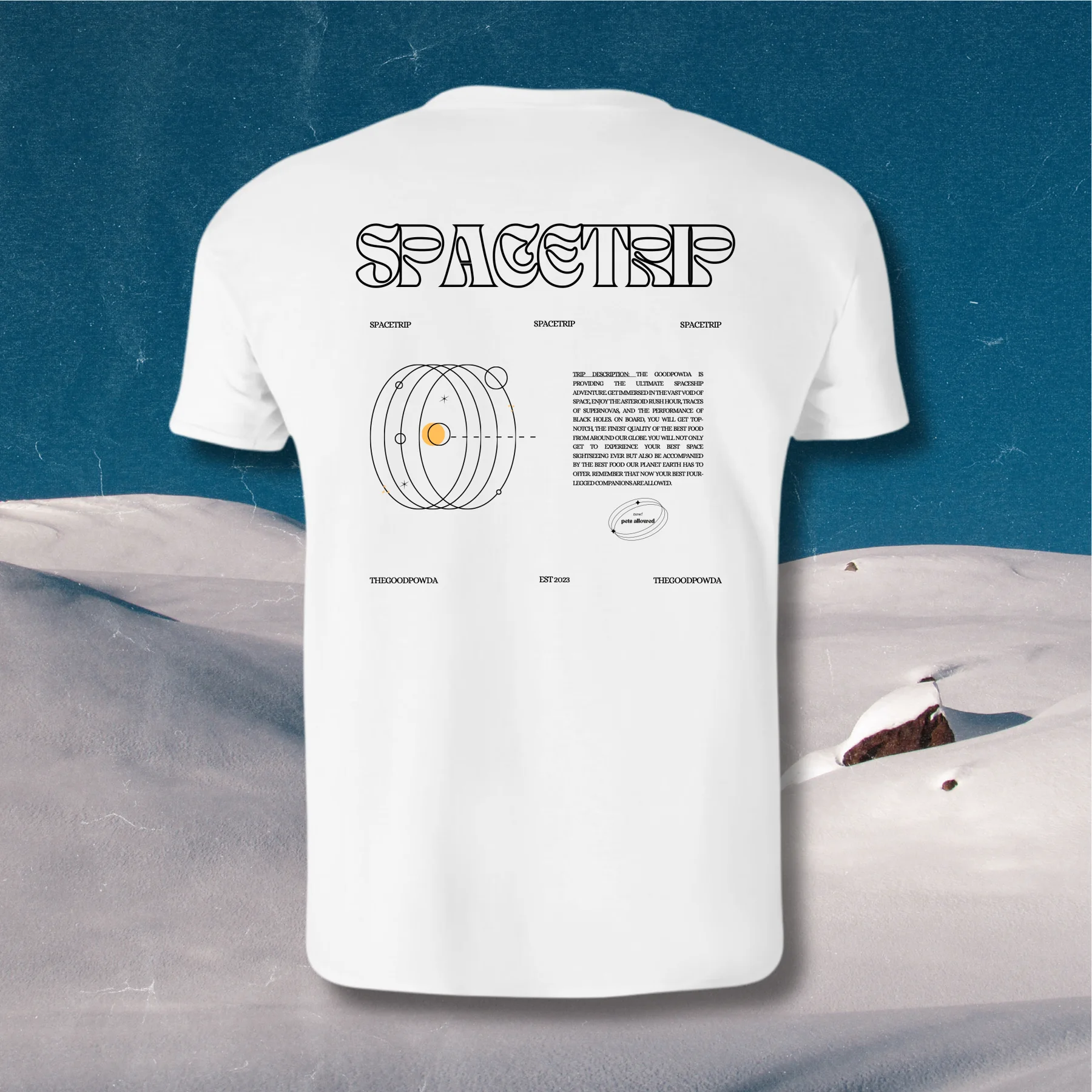 Camiseta Space Trip, espalda: rótulo SPACETRIP y órbitas