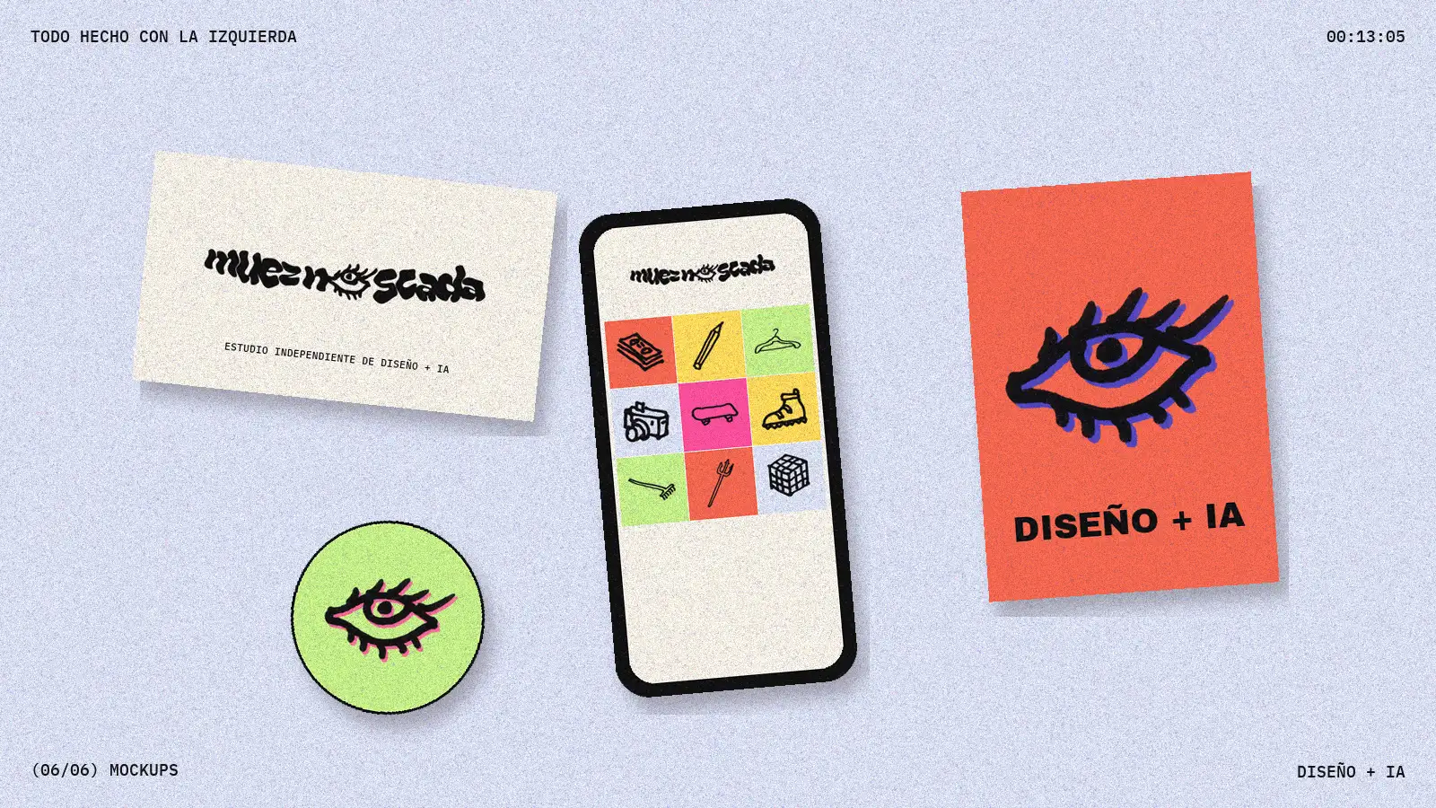 Todo hecho con la izquierda: el logo se dibuja sobre la retícula, la paleta de color, la tipografía, los diseños del estudio, las ilustraciones en stop-motion y los mockups